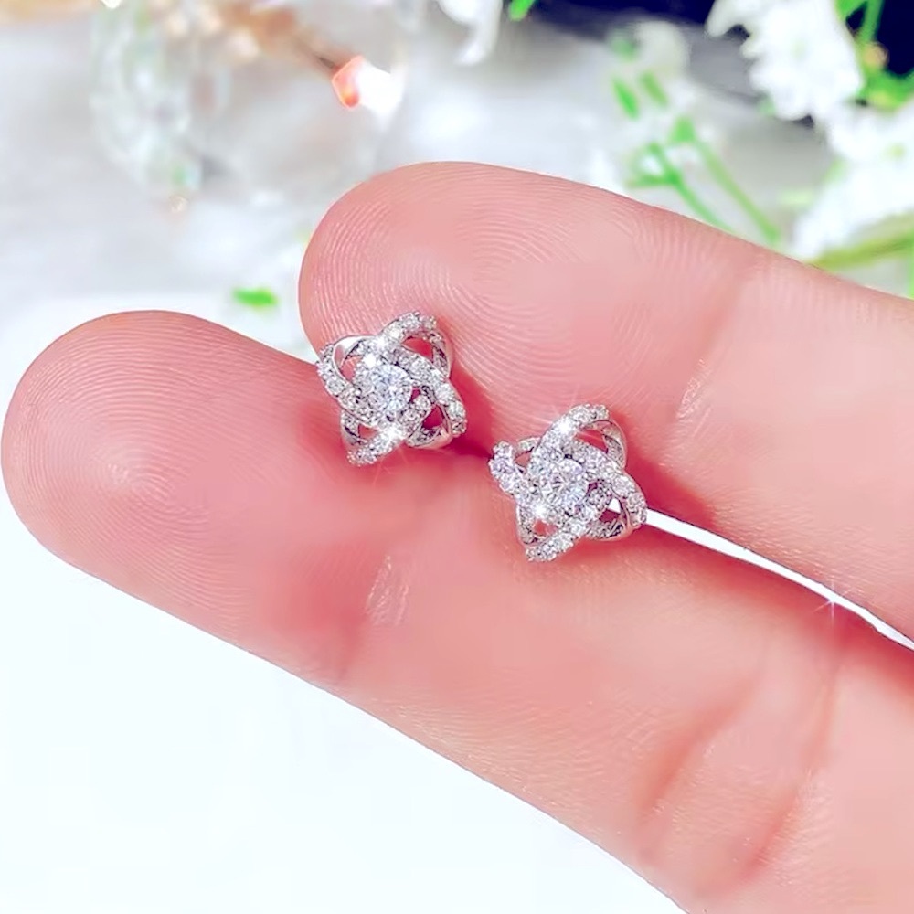 Sparkly White Gold Plated S925 Knot Simulated Diamond Stud Earrings, 0.8cm
